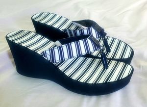 BCBG Paris Navy White Striped Wedge Sandals
